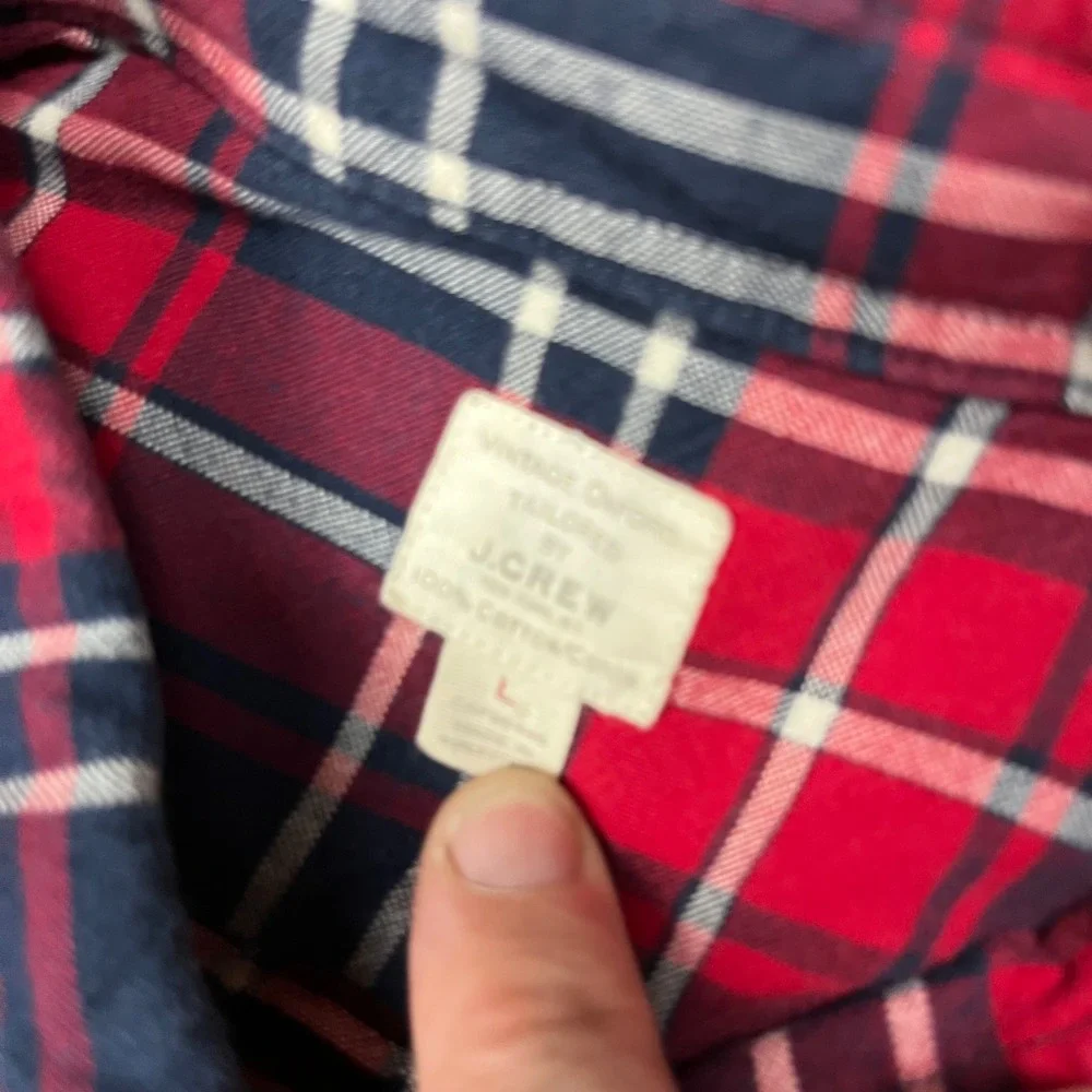 J.Crew Vintage Oxford Plaid Shirt Red Navy White Tailored Mens Large L